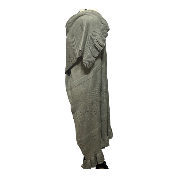 Tea Green Chunky Open Knit Ruffle Shawl Wrap Lagenlook Winter Layering Piece OS - Picture 14 of 15